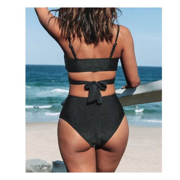 NWT Cupshe Women's Mollie Black Crisscross Tie Back One Piece Swimsuit Medium - Picture 2 of 11